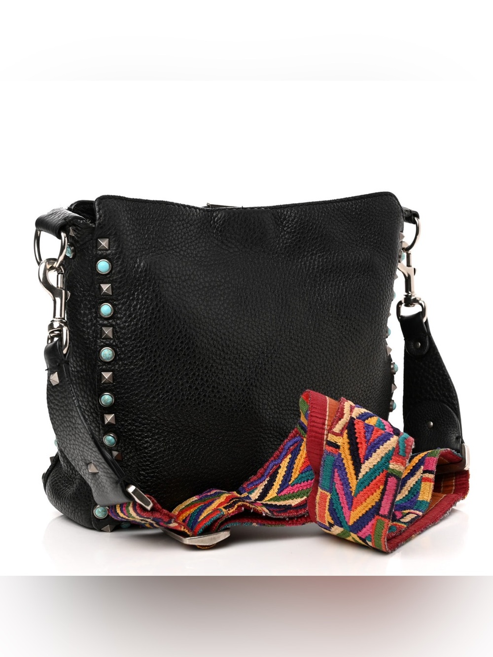 Valentino Black Pebbled Leather Shoulder Bag with Multicolor Woven Strap